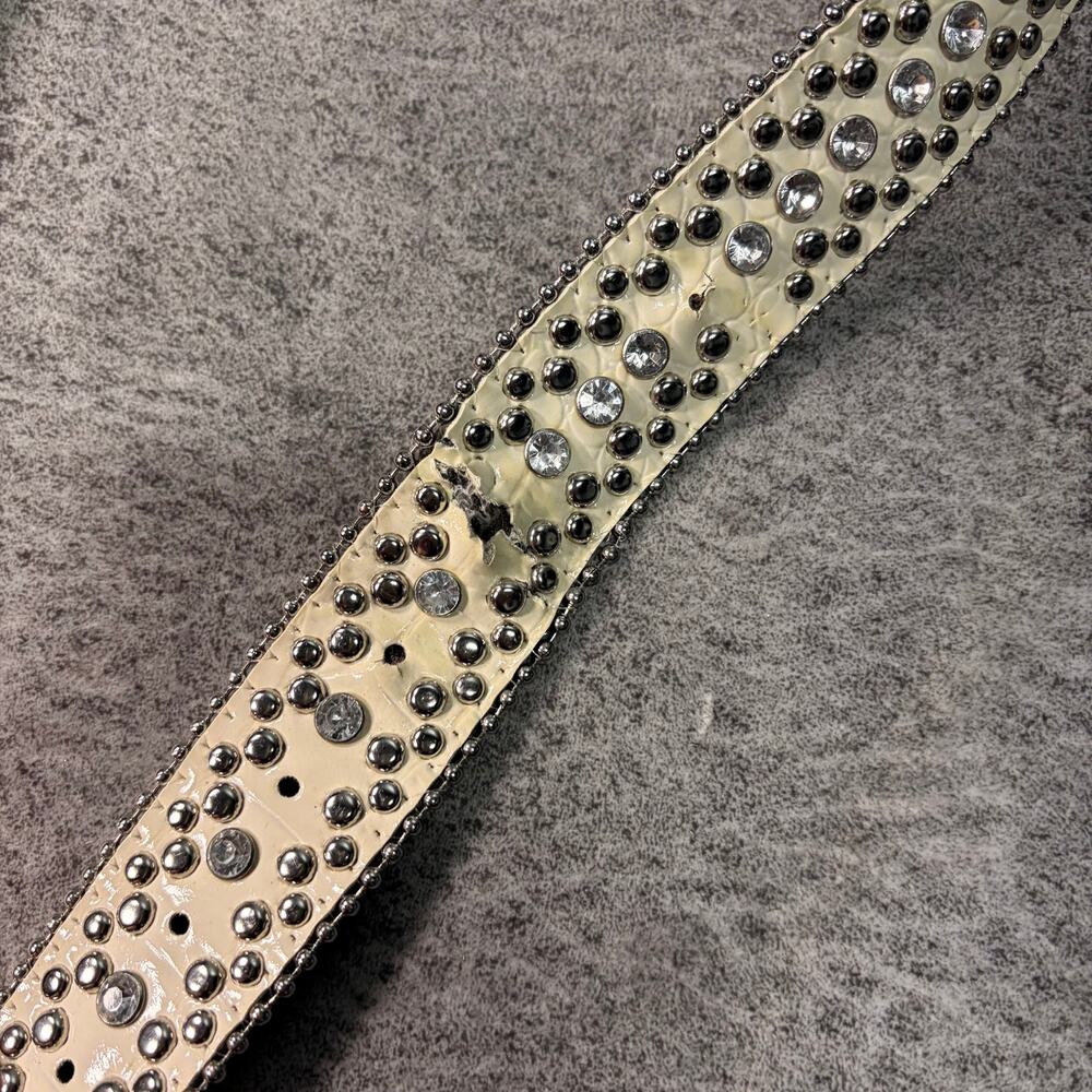 Cream Leather Embellished Rhinestone Belt - Picture 3 of 7